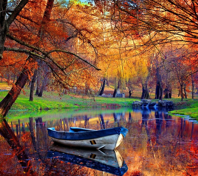 Small Boat on Lake — Orange, Serene, Autumn, Photograph