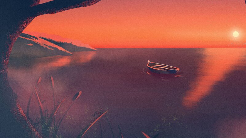 Small Boat on Lake — Orange, Serene, Sunset, Digital Art