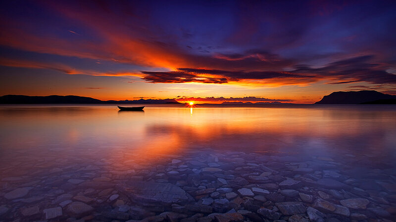 Small Boat on Lake — Orange, Serene