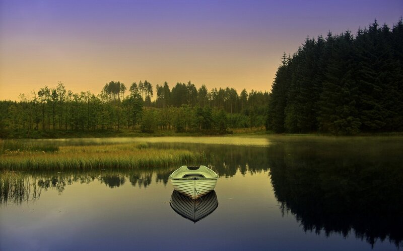 Small Boat on Lake — Purple, Serene, Sunset
