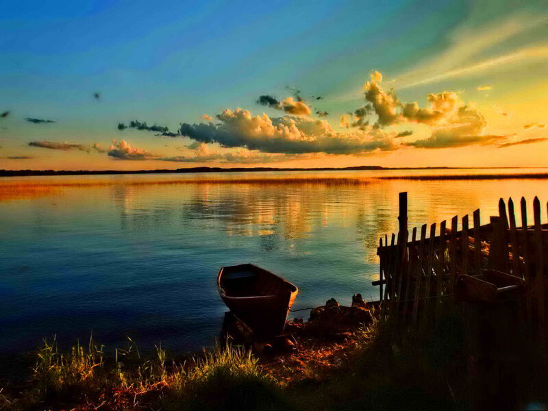 Small Boat on Lake Shore — Blue