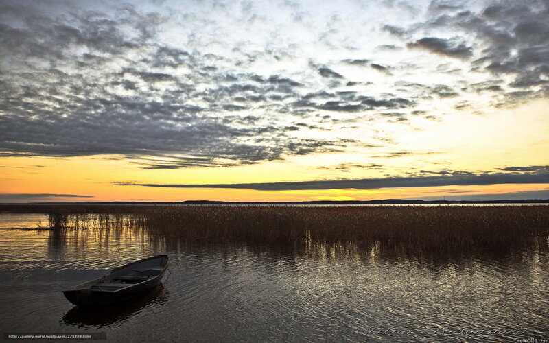 Small Boat on Lake — Yellow, Serene, Sunset