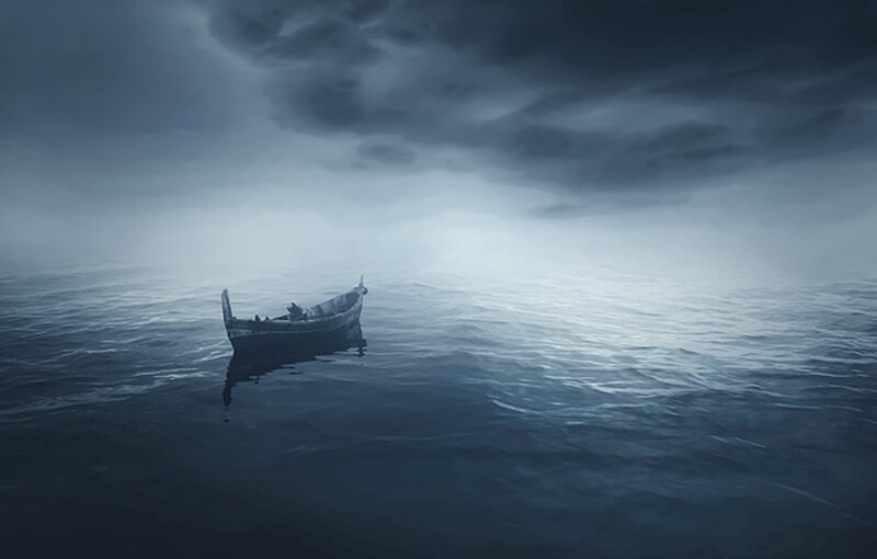 Small Boat on Ocean — Blue, Dramatic, Night