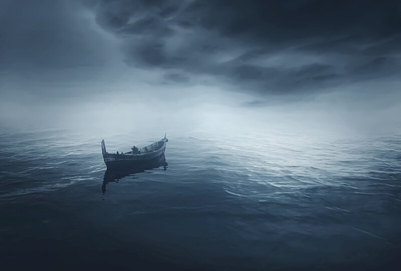 Small Boat on Ocean — Blue, Dramatic
