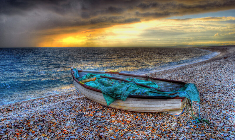 Small Boat on Pebble Beach — Blue