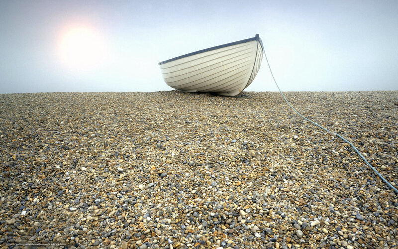 Small Boat on Pebble Beach — White