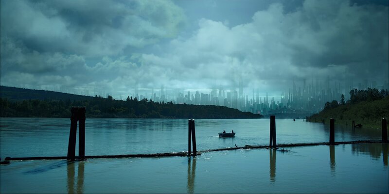 Small Boat on River — Blue, Dramatic
