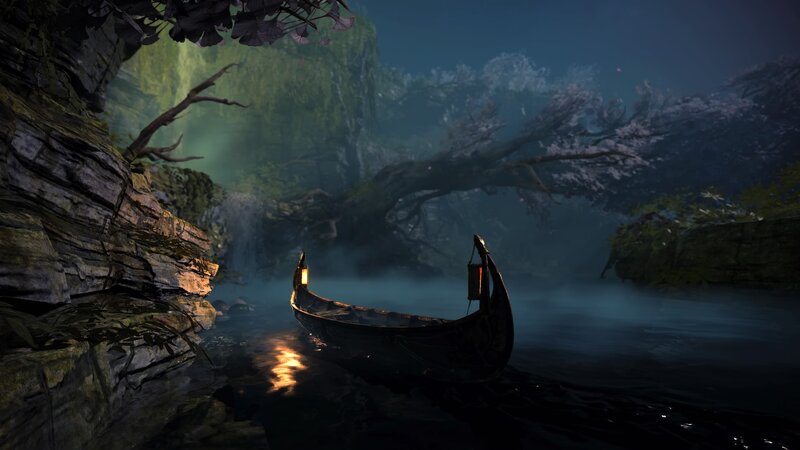 Small Boat on River — Dark Blue