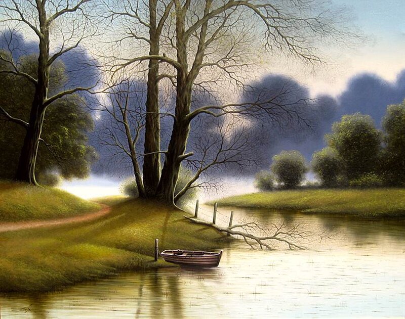 Small Boat on River — Green, Serene, Morning
