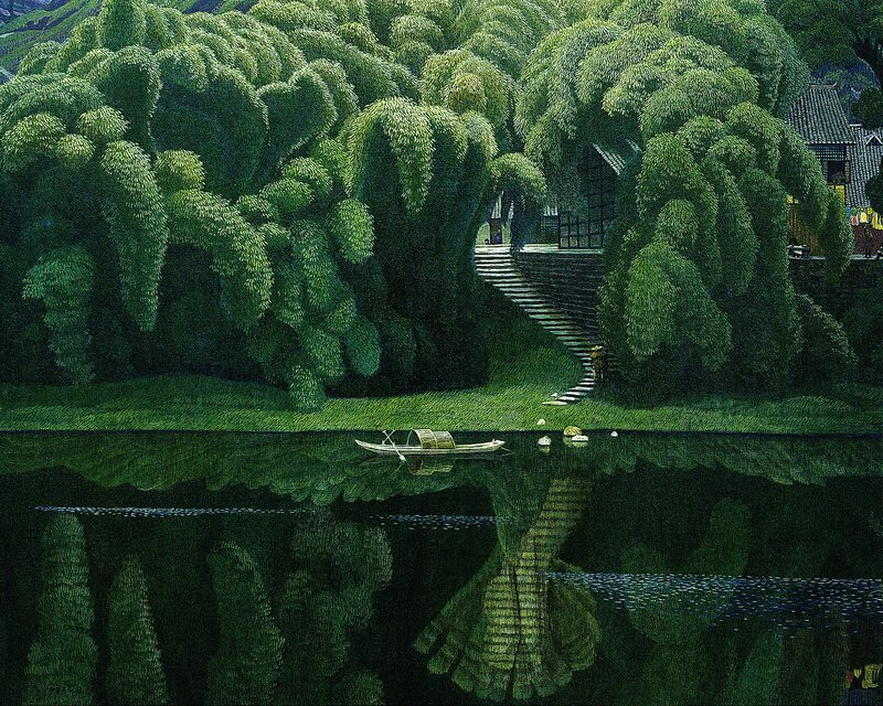 Small Boat on River — Green, Serene, Night