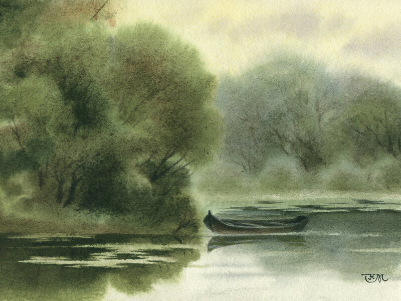 Small Boat on River — Green