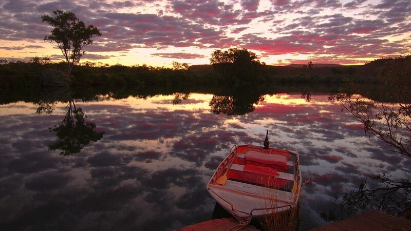 Small Boat on River — Purple, Serene, Sunset, Photograph