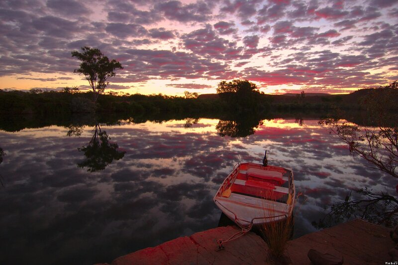 Small Boat on River — Purple, Serene, Sunset, Photograph, Trees, Sky