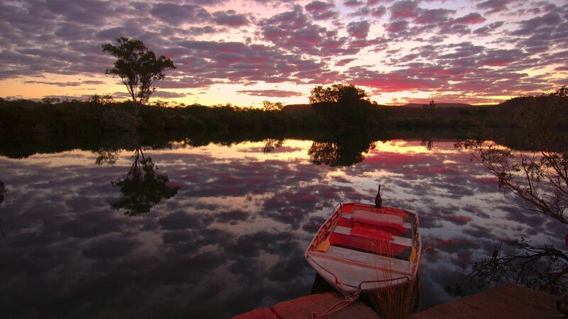 Small Boat on River — Purple, Serene, Sunset, Photograph, Trees