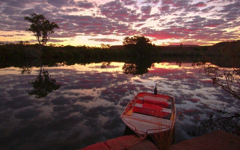Small Boat on River — Purple, Serene, Sunset