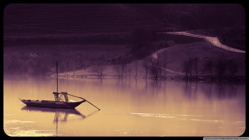 Small Boat on River — Purple, Serene