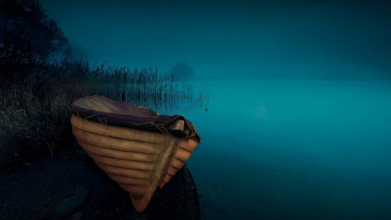 Small Boat on Shore — Blue, Serene, Night