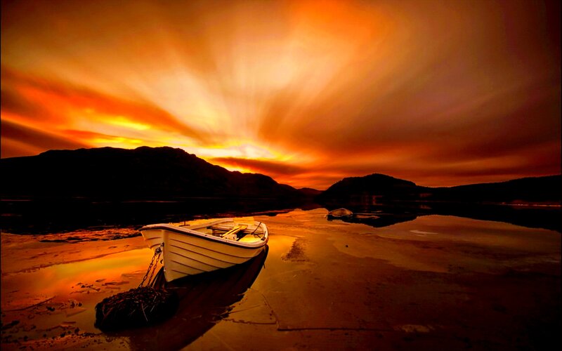 Small Boat on Shore — Orange, Dramatic, Sunset, Photograph