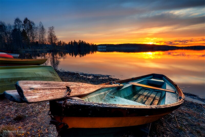 Small Boat on Shore — Orange, Serene, Sunset