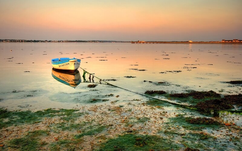 Small Boat on Tidal Flats — Orange, Serene