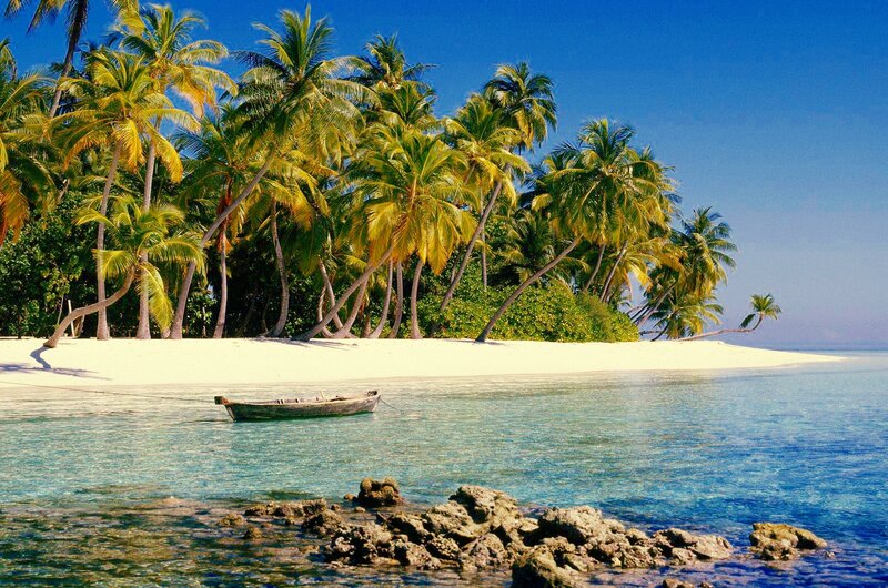 Small Boat on Tropical Beach — Blue, Serene, Afternoon