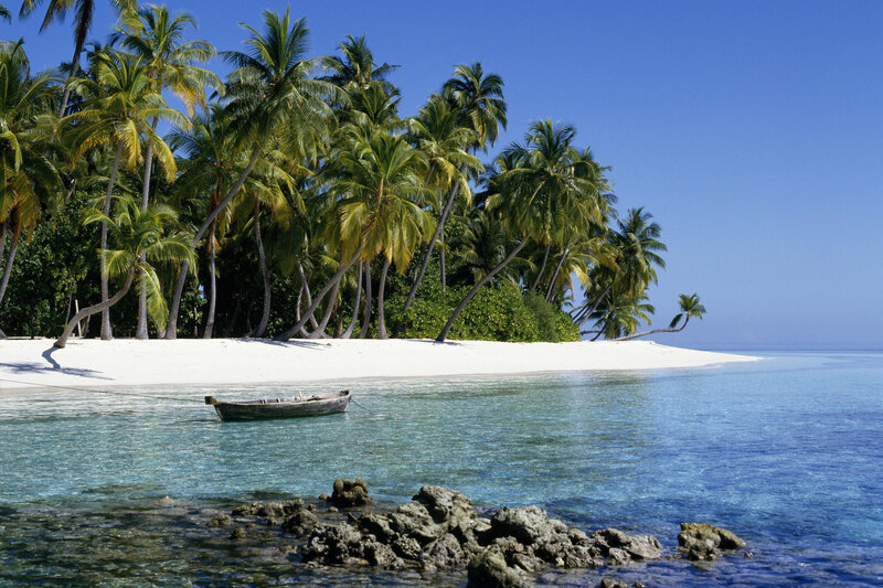 Small Boat on Tropical Beach — Blue, Serene