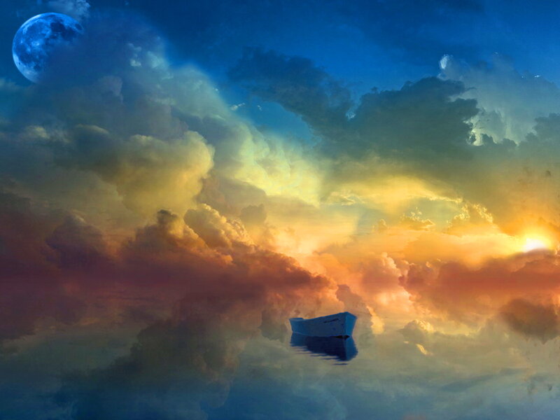 Small Boat on Water — Blue, Dramatic