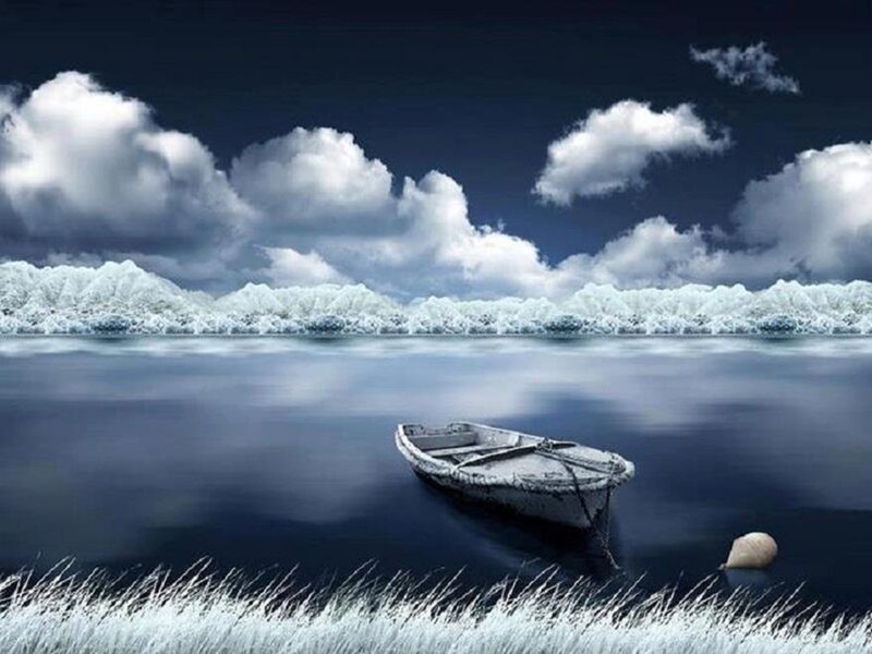 Small Boat on Water — Blue, Serene, Night, Digital Art