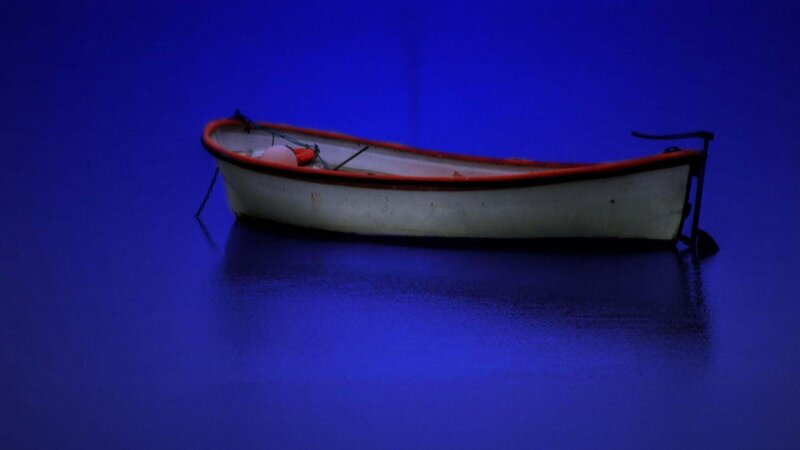 Small Boat on Water — Blue, Serene, Night, Photograph, Buoy