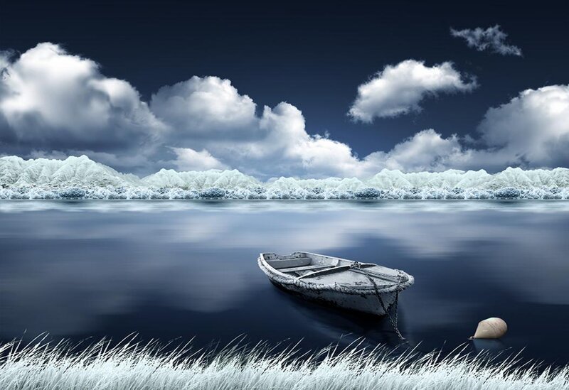 Small Boat on Water — Blue, Serene, Night