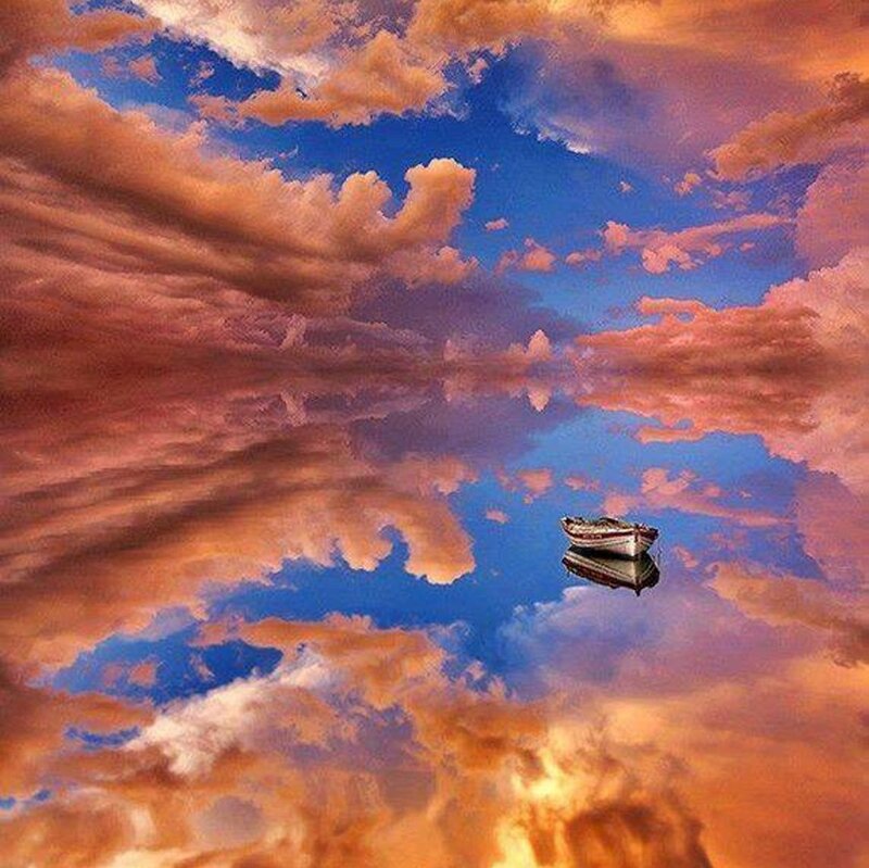 Small Boat on Water — Blue, Serene, Sunset, Digital Art