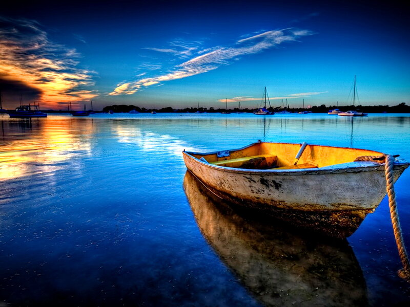 Small Boat on Water — Blue, Serene, Sunset, Photograph, Sky, Sailboats