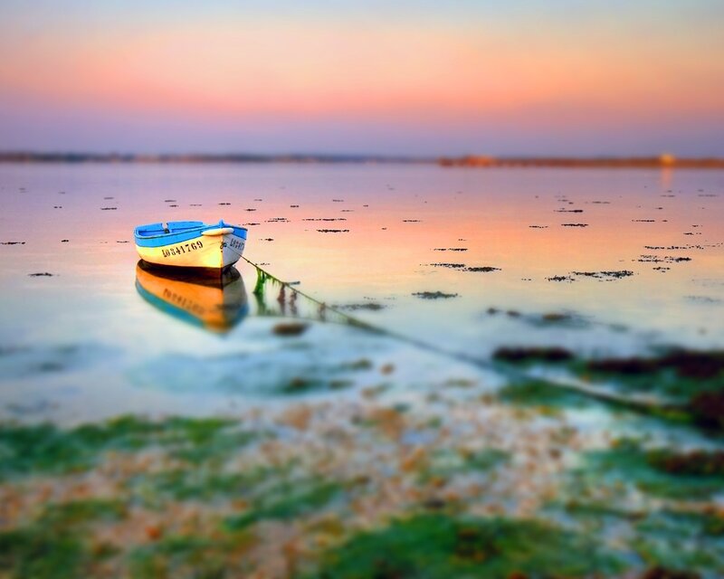 Small Boat on Water — Blue, Serene, Sunset, Photograph