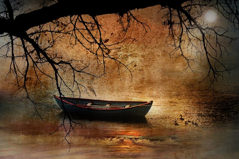 Small Boat on Water — Brown