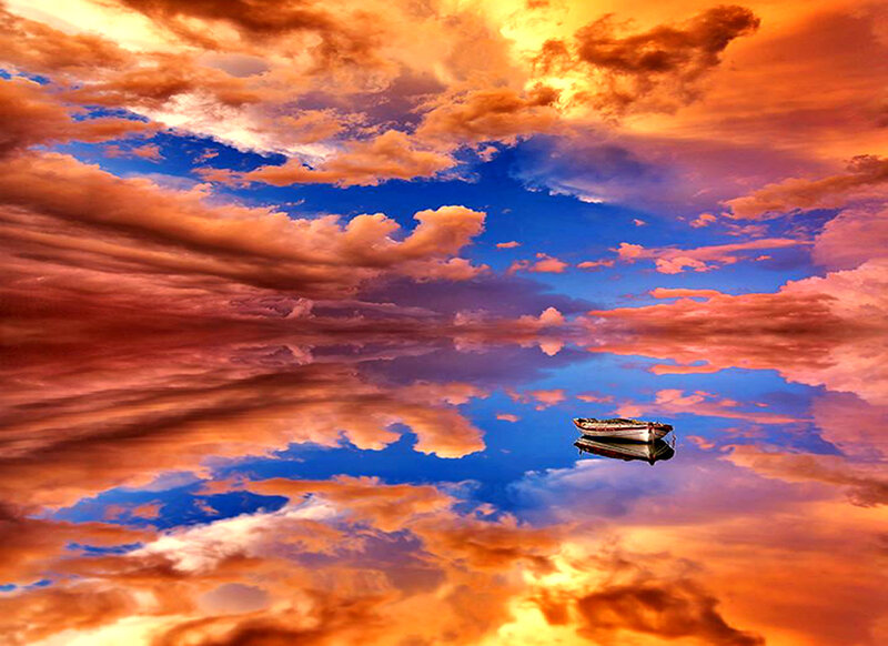 Small Boat on Water — Orange, Dramatic, Sunset, Photograph