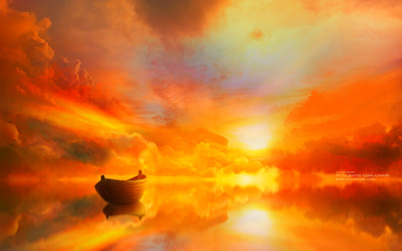 Small Boat on Water — Orange, Dramatic, Sunset