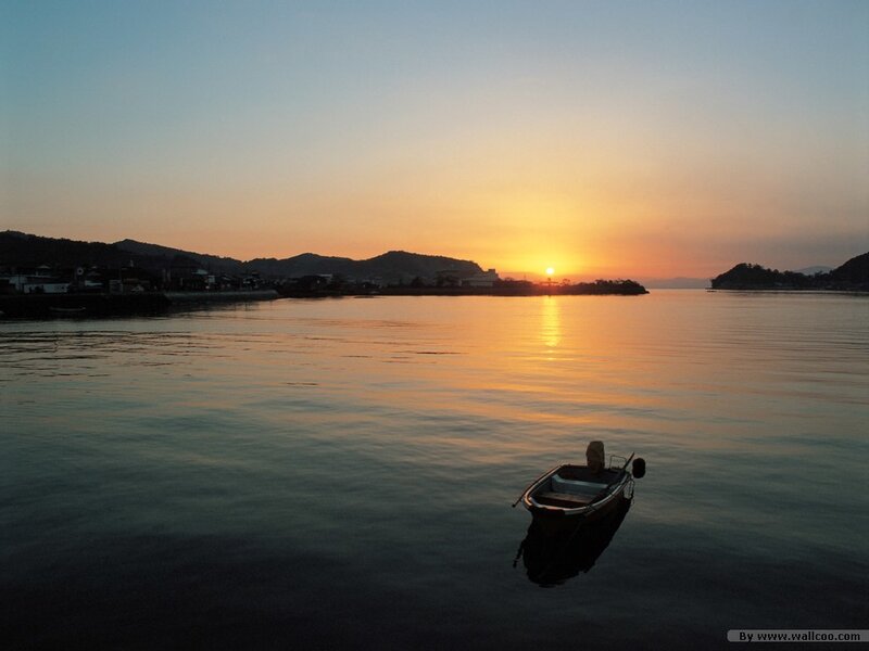 Small Boat on Water — Orange, Serene, Sunset, Photograph, Sun, Mountains