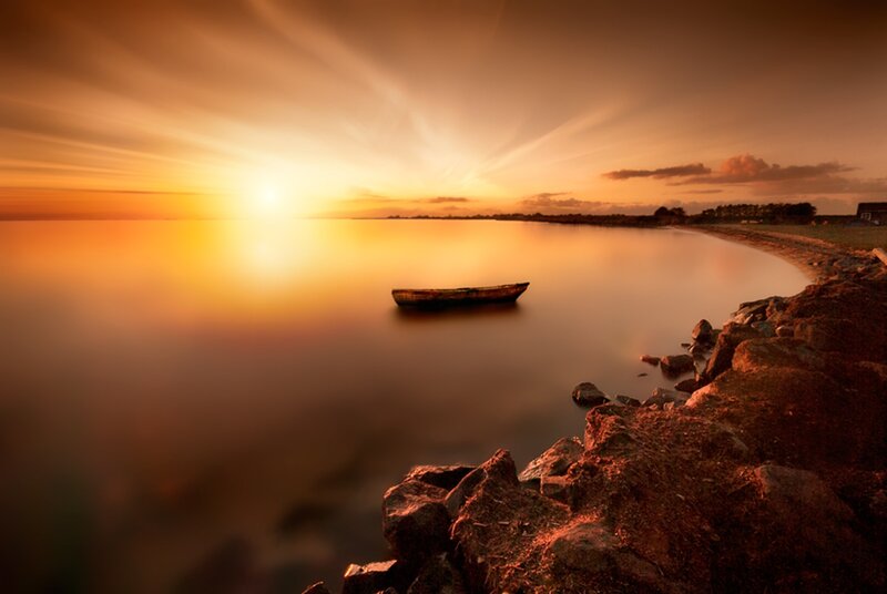 Small Boat on Water — Orange, Serene, Sunset, Photograph