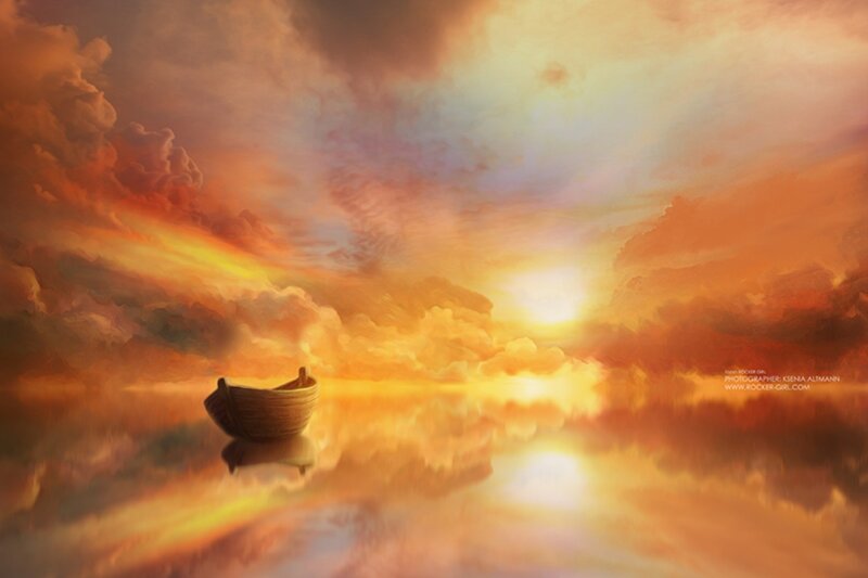 Small Boat on Water — Orange, Serene, Sunset