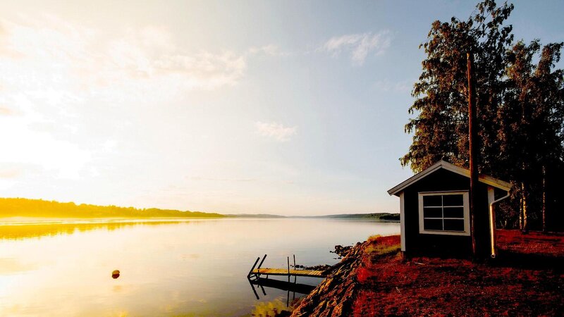 Small Cabin by Lake — Blue, Serene