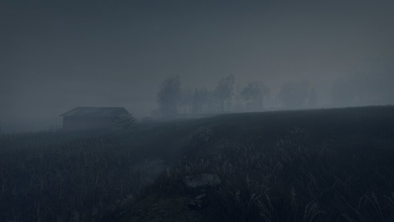 Small Cabin in Fog — Gray, Misty