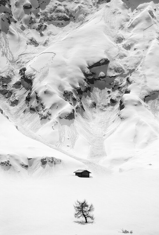 Small Cabin in Snow — Black, Desolate
