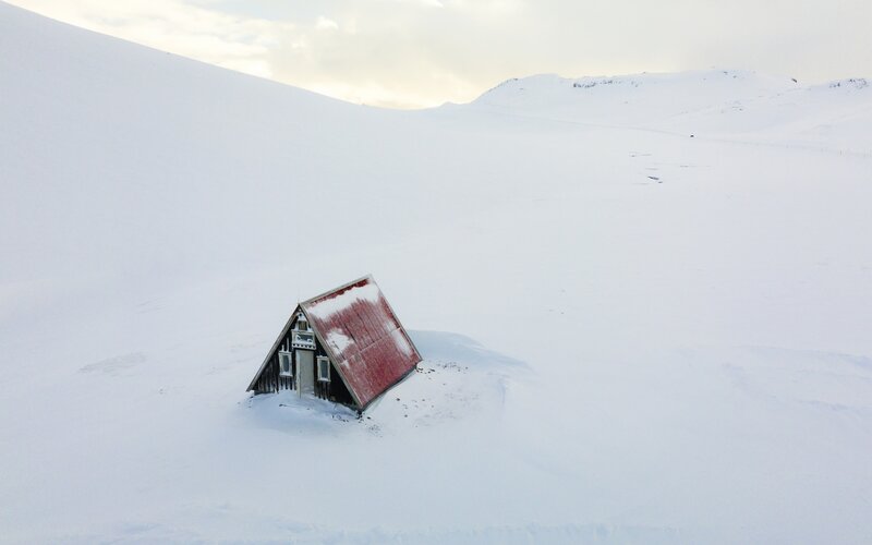 Small Cabin in Snow — White, Isolated