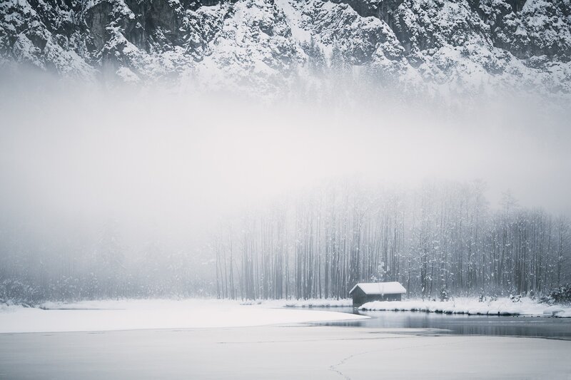 Small Cabin in Snow — White, Serene, Winter, Photograph