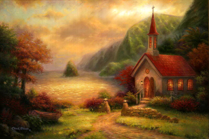 Small Chapel by Lake — Red