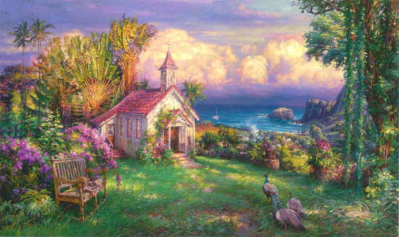 Small Chapel by the Sea — Green, Serene, Sunset