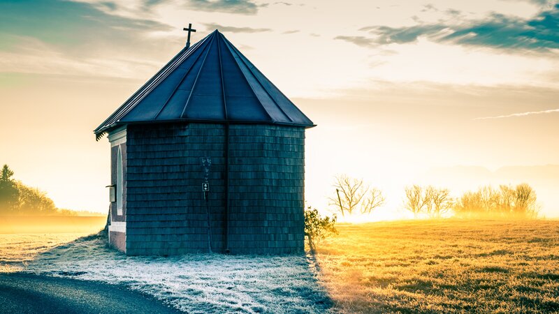 Small Chapel in Field — Blue, Serene, Sunrise