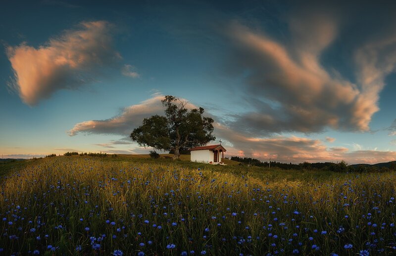Small Chapel in Field — Blue, Serene, Sunset