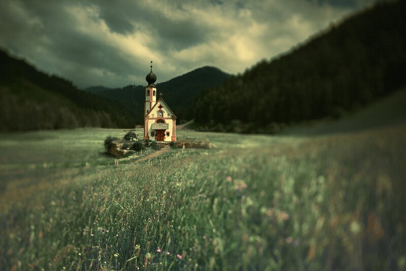 Small Chapel in Field — Green, Dramatic, Afternoon