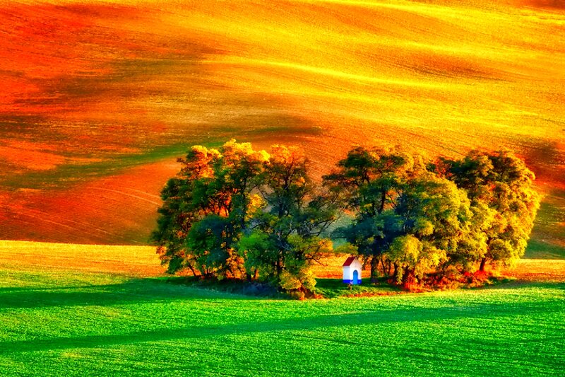 Small Chapel in Field — Green, Dramatic